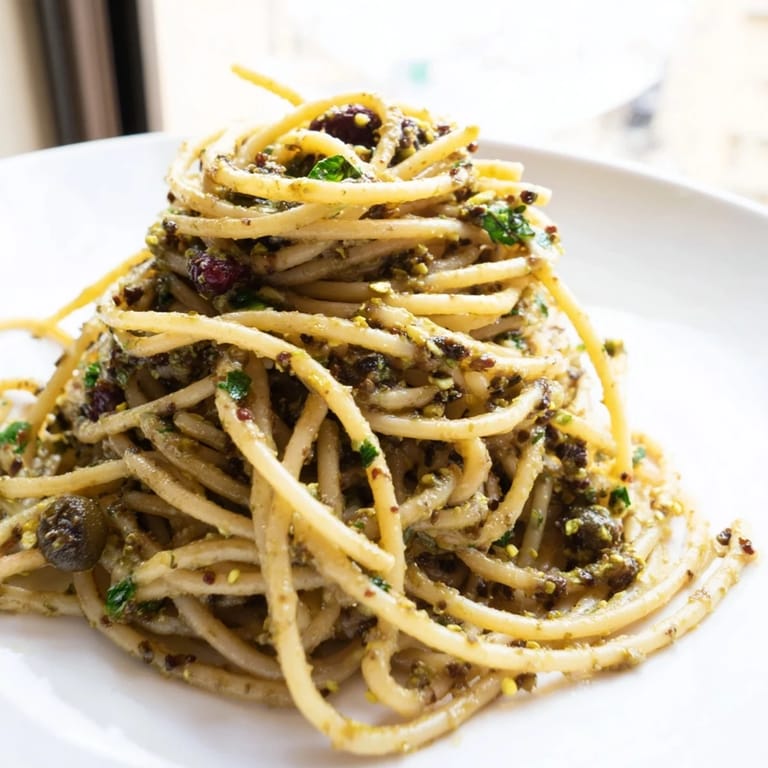 Savory Olive Tapenade Pasta tossed in a glossy sauce, served in a white bowl with fresh lemon wedges.  