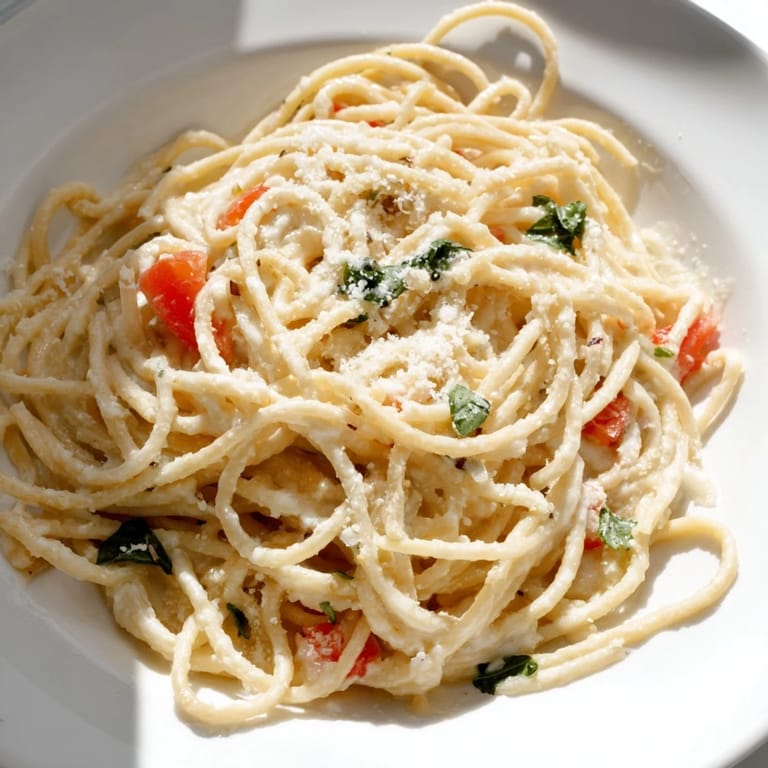 A plated serving of Roasted Garlic Pasta Sauce over linguine, drizzled with olive oil and served with crusty bread.
