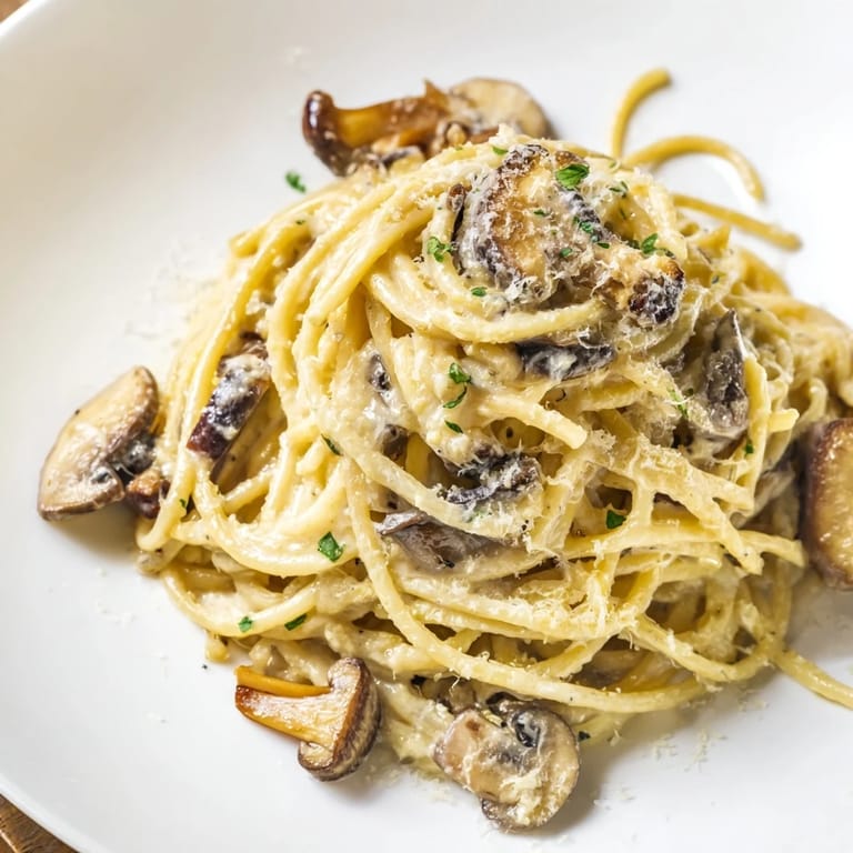 Savory Creamy Mushroom Linguine twirled on a fork, showcasing sautéed mushrooms and a velvety sauce.