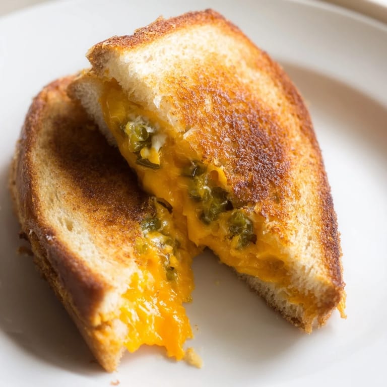 A close-up of a jalapeño popper grilled cheese, showcasing the spicy, creamy filling of cream cheese, cheddar, and fresh chopped jalapeños.