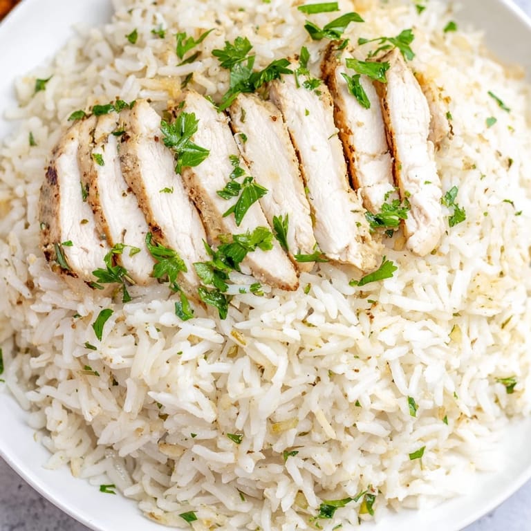Savory garlic butter rice topped with juicy chicken breast, prepared in 45 minutes for an easy weeknight dinner.