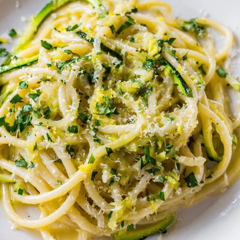 Bright serving of Lemon Zucchini Pasta in a white bowl, featuring spiralized zucchini ribbons and a sprinkle of Parmesan.