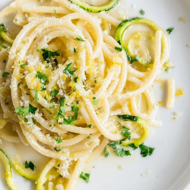 A steaming plate of Lemon Zucchini Pasta with lemon zest and garlic butter sauce, served next to a crisp green salad.