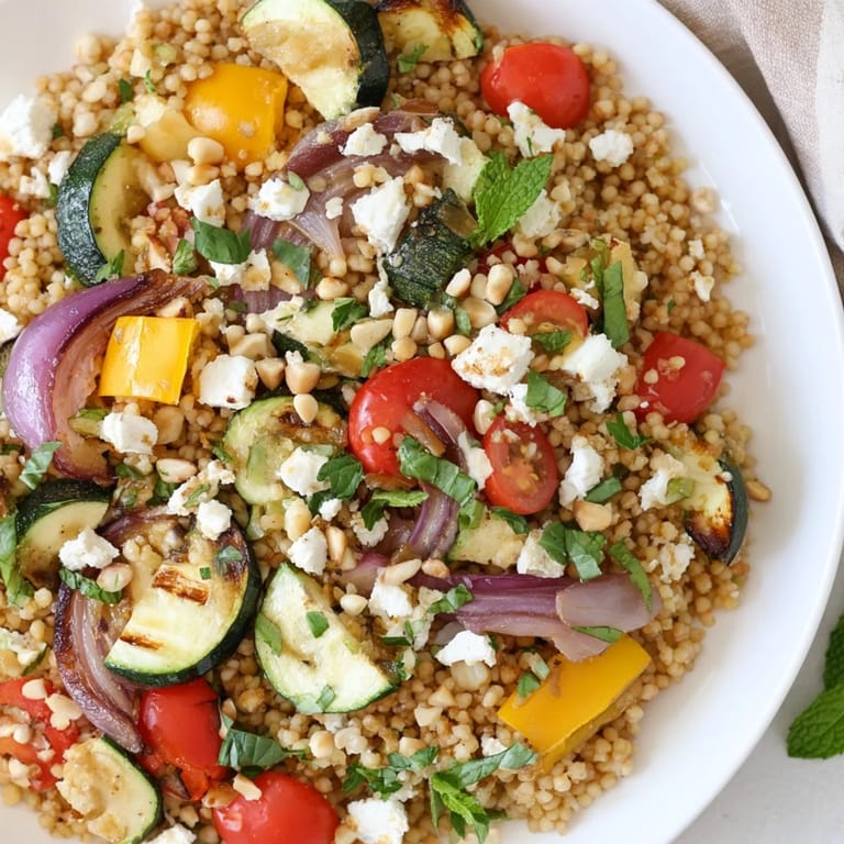 Fluffy couscous mixed with roasted vegetables and herbs, drizzled with lemon dressing and topped with feta and toasted pine nuts.