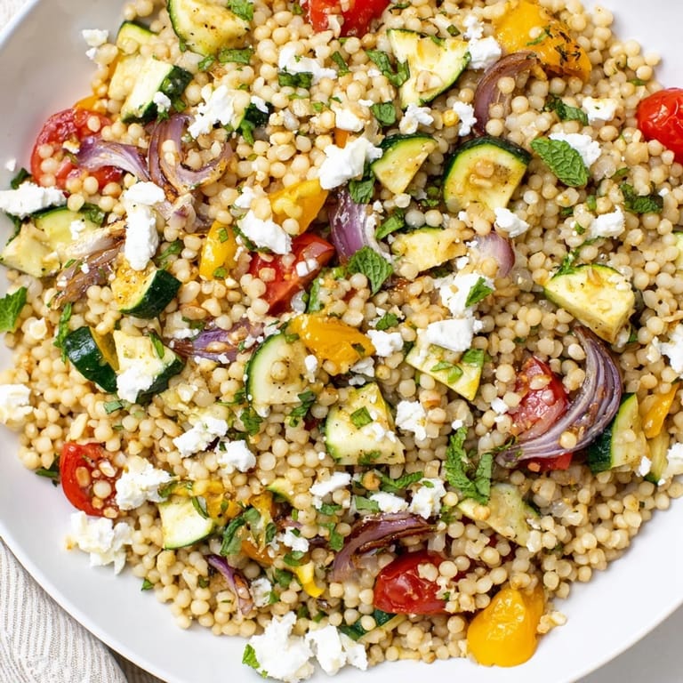 A vibrant Mediterranean-style Roasted Veggie Couscous Salad served warm with fresh parsley and mint as a colorful side or main.