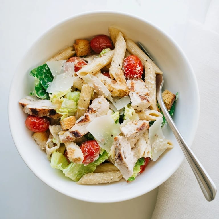 Close-up of Spicy Chicken Caesar Pasta featuring tender grilled chicken, cherry tomatoes, and penne tossed in creamy dressing.