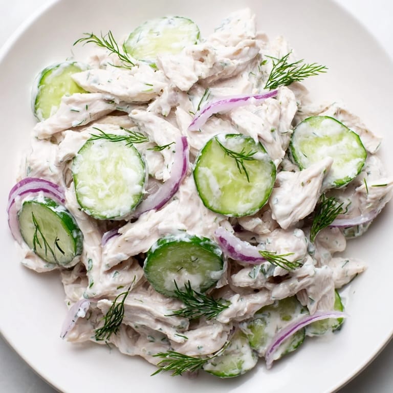 Plated Creamy Cucumber Chicken Salad garnished with fresh dill and green onions, served over crisp lettuce cups.