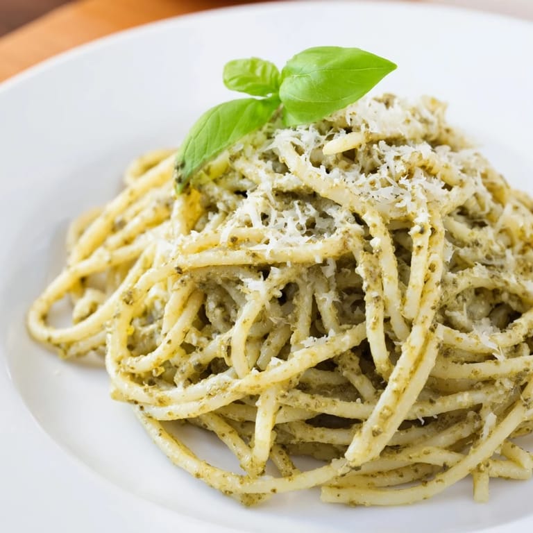 Steaming bowl of sunflower seed pesto pasta, a vibrant green sauce clinging to every strand.