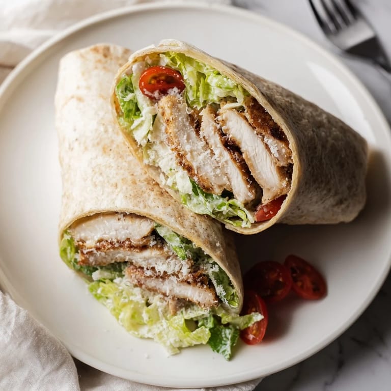 A close-up view of a Hot Honey Chicken Caesar Wrap cut in half, revealing the juicy chicken and crisp romaine lettuce inside.