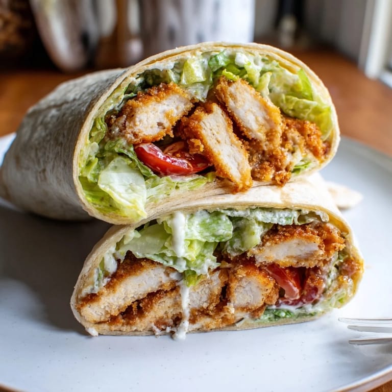 Served on a rustic wooden board, the Hot Honey Chicken Caesar Wrap is ready to enjoy for lunch or dinner.