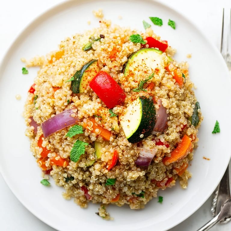 A serving bowl filled with warm quinoa vegetable pilaf, highlighting golden roasted vegetables and aromatic herbs for a healthy meal.