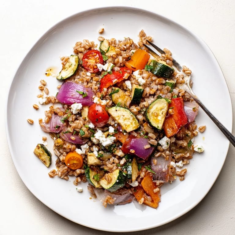 Hearty Farro With Roasted Vegetables tossed in balsamic dressing, served warm as a Mediterranean-inspired main course for a family dinner.