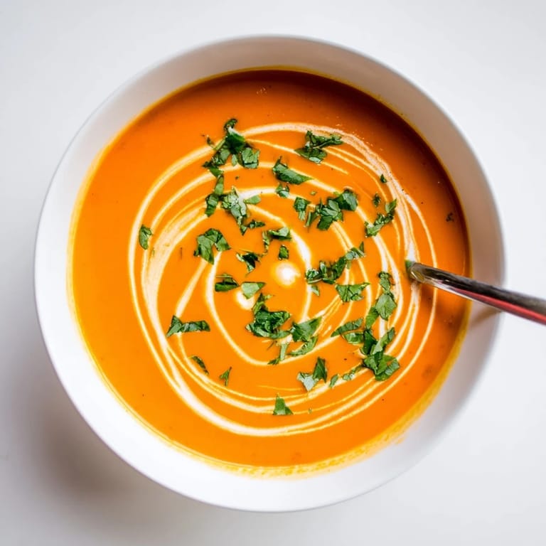 Golden-orange Carrot Ginger Soup steaming in a white ceramic bowl, with a sprinkle of fresh cilantro and a lemon wedge on the side for brightness.