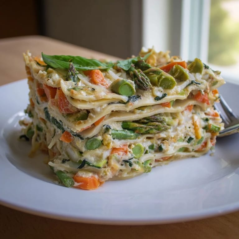 Slice of Spring Veggie Alfredo Lasagna on a white plate, with fresh basil garnish and steaming, cheesy layers.