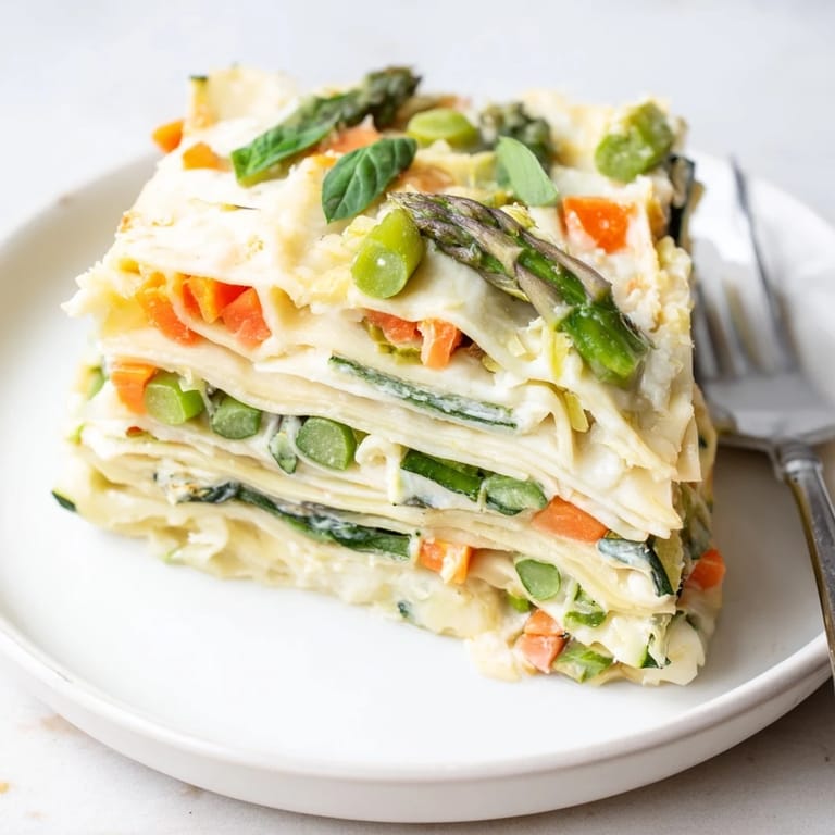 Overhead view of Spring Veggie Alfredo Lasagna in a baking dish, showing vibrant spring vegetables peeking through Alfredo sauce.
