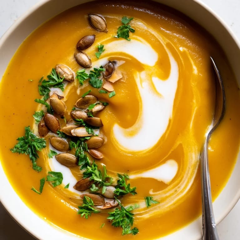 Velvety butternut squash and apple soup, steaming warmly in a white bowl with a sprinkle of parsley.  