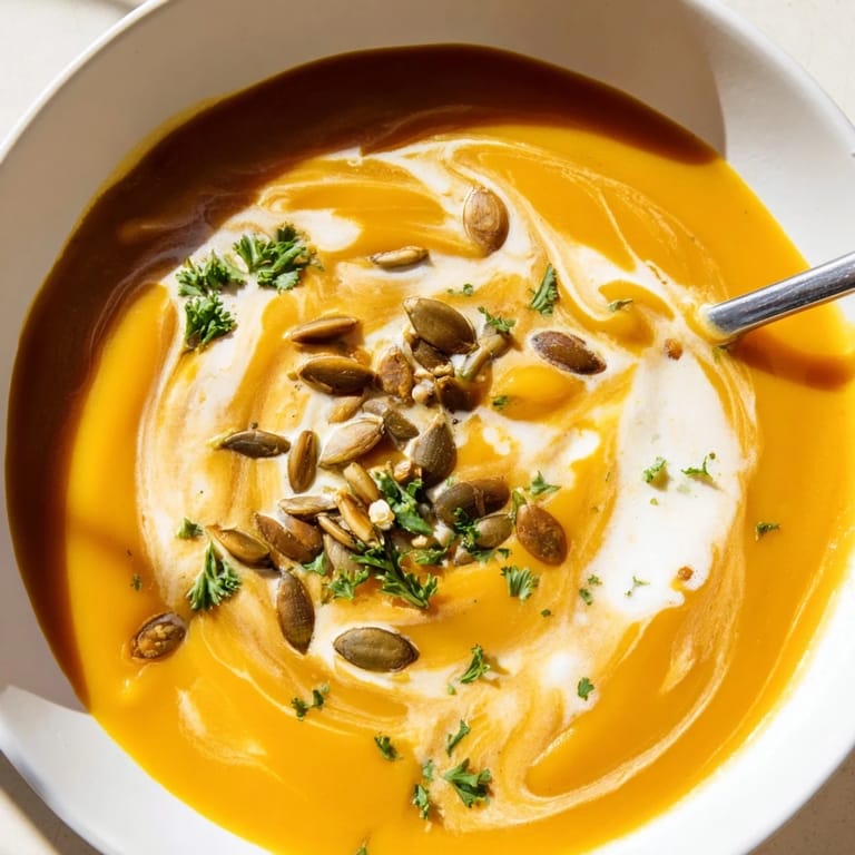 Hearty butternut squash and apple soup, blended smooth and topped with crunchy seeds beside a slice of bread.