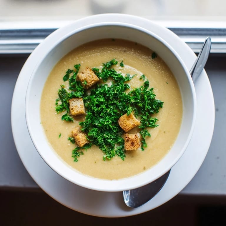 Hearty roasted garlic soup served in a white ceramic bowl, with a side of crusty bread for dipping.
