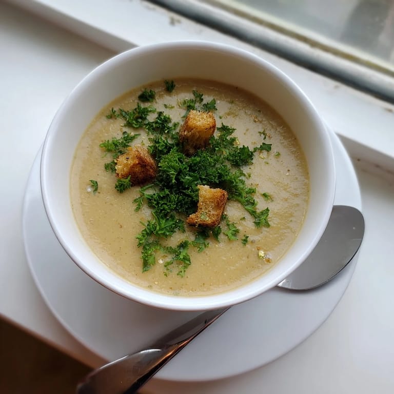 Steaming bowl of roasted garlic soup with a velvety texture and golden hue, perfect for a cozy dinner.