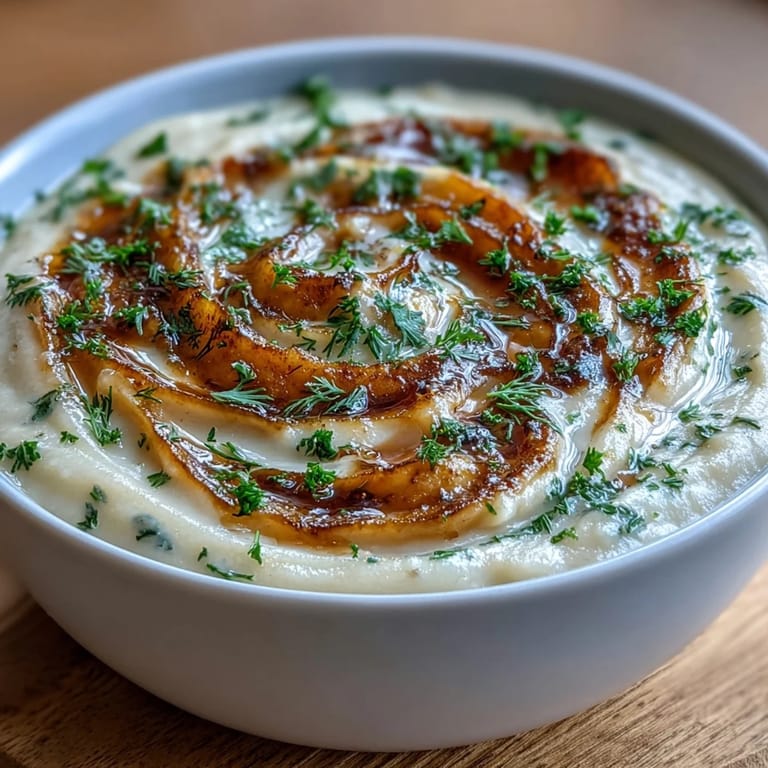 Creamy parsnip and herb soup served in a deep soup plate, alongside a slice of crusty artisan bread.