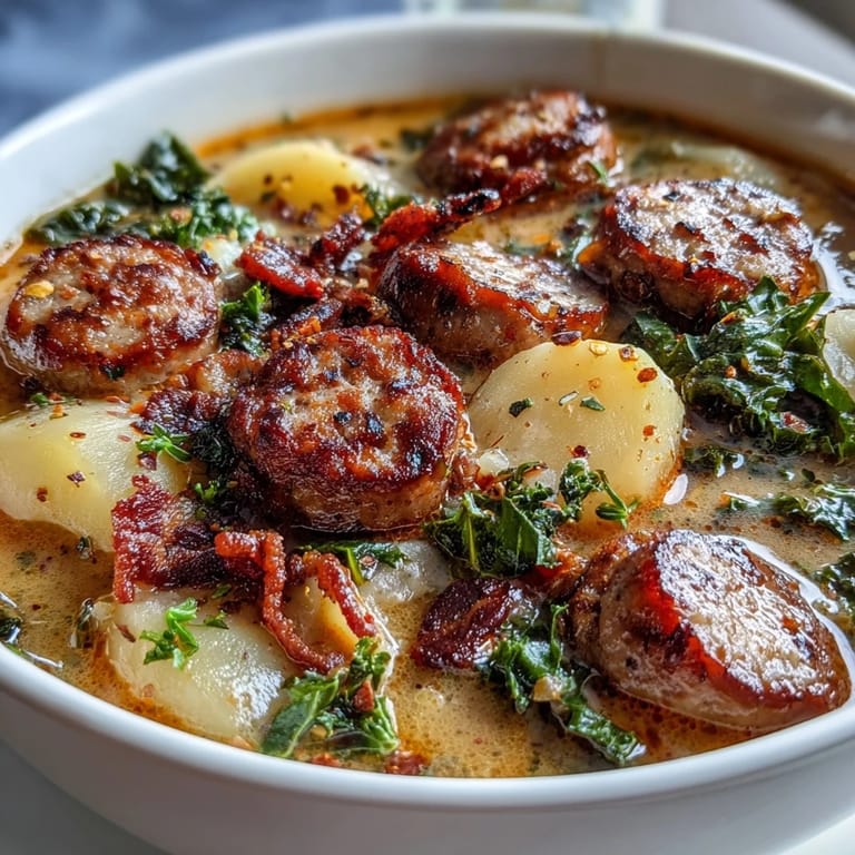 Creamy Italian Sausage Soup ladled from a Dutch oven, featuring tender sausage crumbles, kale, and golden potato slices.