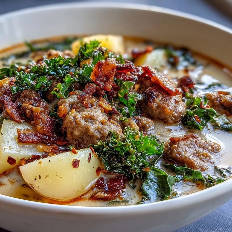 Hearty Italian Sausage Soup served in a white bowl with a rustic spoon, garnished with fresh kale and bacon.