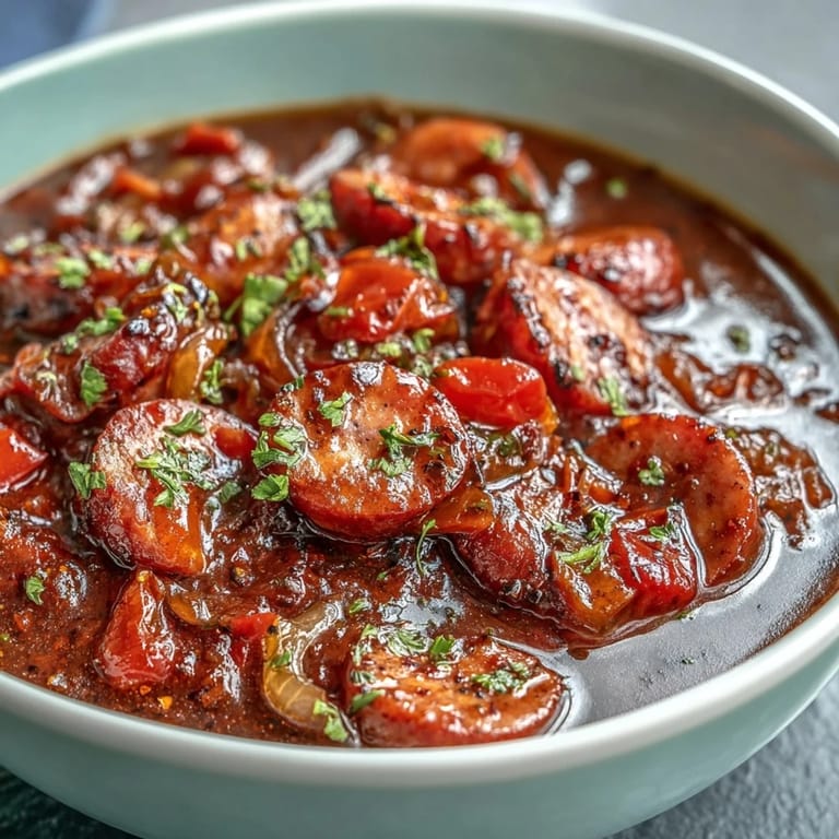 Hearty Crock Pot BBQ Cocktail Sausage Soup garnished with fresh parsley, served steaming hot alongside crusty artisan bread for dipping. 