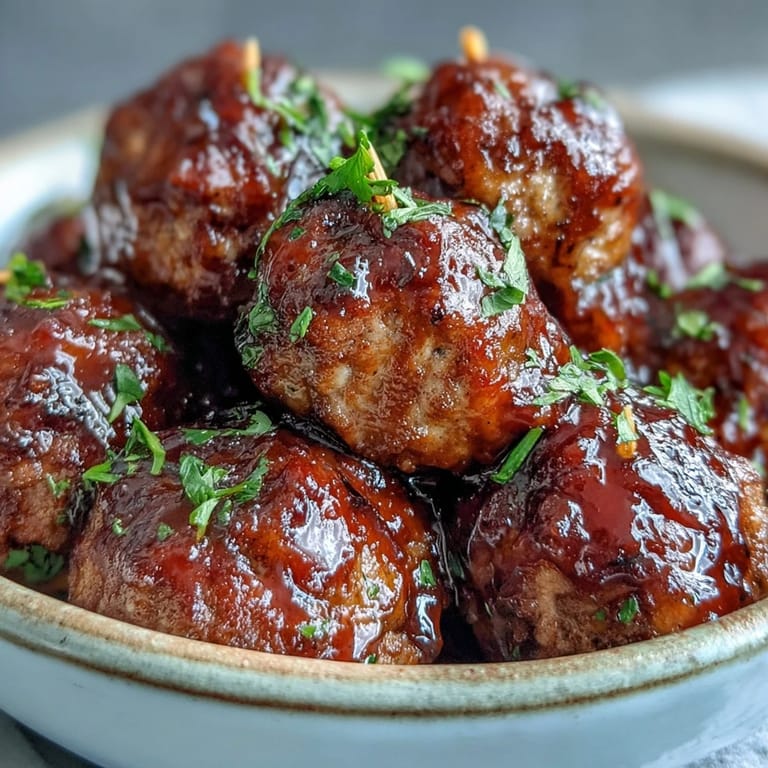 Savory Peach Glazed Meatballs topped with fresh parsley are served over steamed white rice for a delicious, comforting main dish.