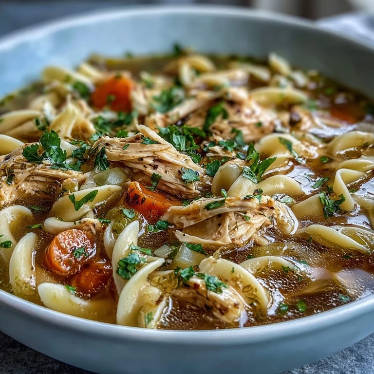 A close-up of Instant Pot Chicken Noodle Soup shows fresh parsley garnish, vibrant vegetable chunks, and steam rising from a hearty, comforting serving.