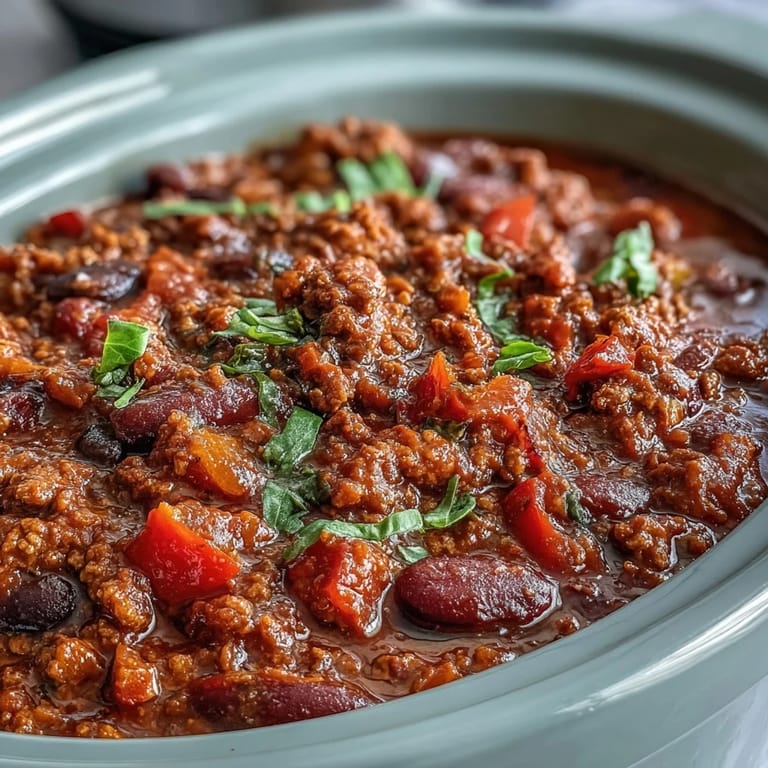 Serving of Slow Cooker Chili garnished with chopped green onions, beside a slice of warm cornbread on a plate.