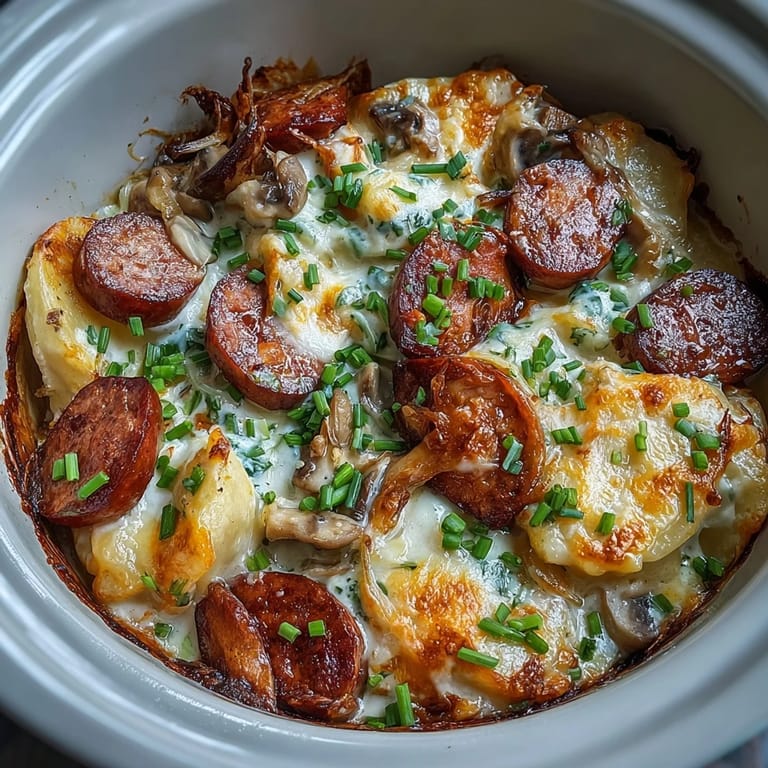 Creamy sauce coats every bite of this hearty Crockpot Pierogi Casserole With Kielbasa.