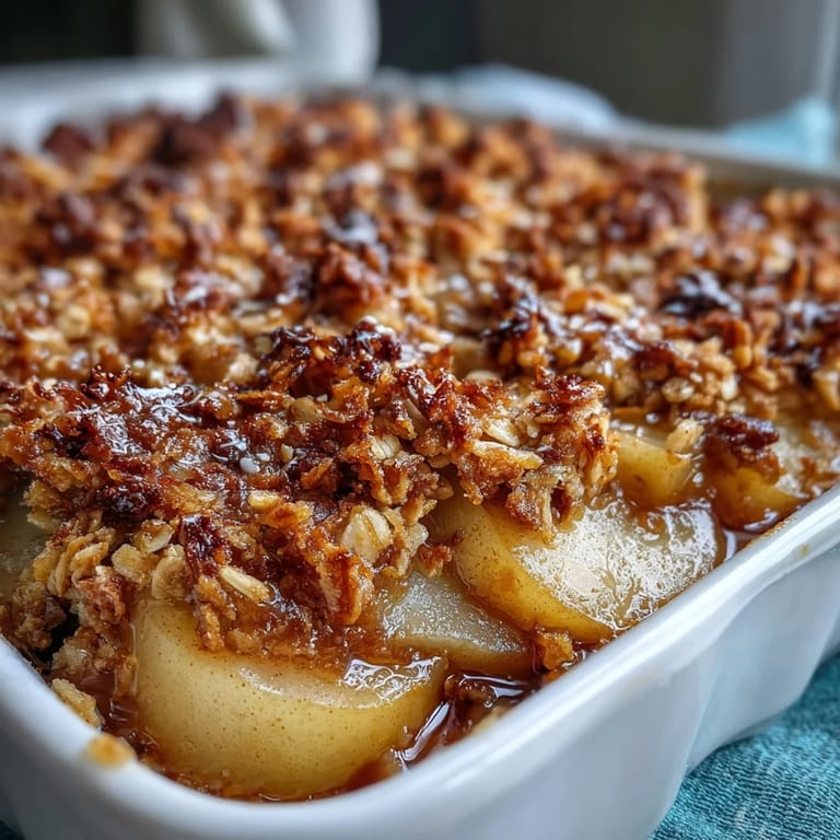 Freshly baked pear crumble cooling on a rustic wooden table, its crunchy oat topping glistening beside a vintage spoon.  