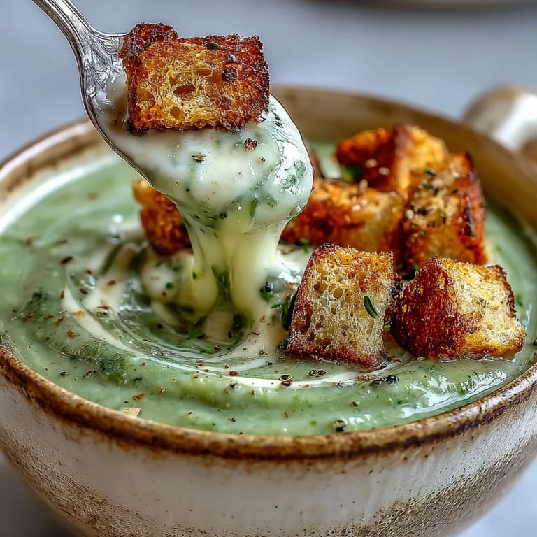 A hearty bowl of cauliflower and broccoli soup, finished with crispy croutons and served with crusty bread.