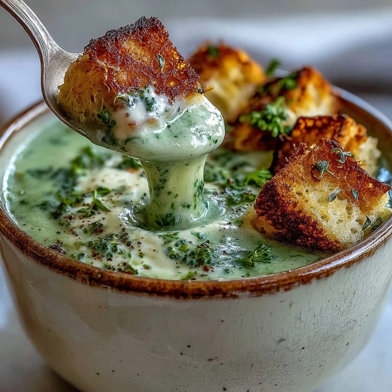 Steaming cauliflower and broccoli soup in a rustic pot, topped with homemade croutons for a cozy vegetarian meal.