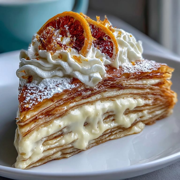 Close-up view of layered Blood Orange Curd Crêpe dessert revealing alternating creamy whipped cream and tangy blood orange curd between delicate crêpes.