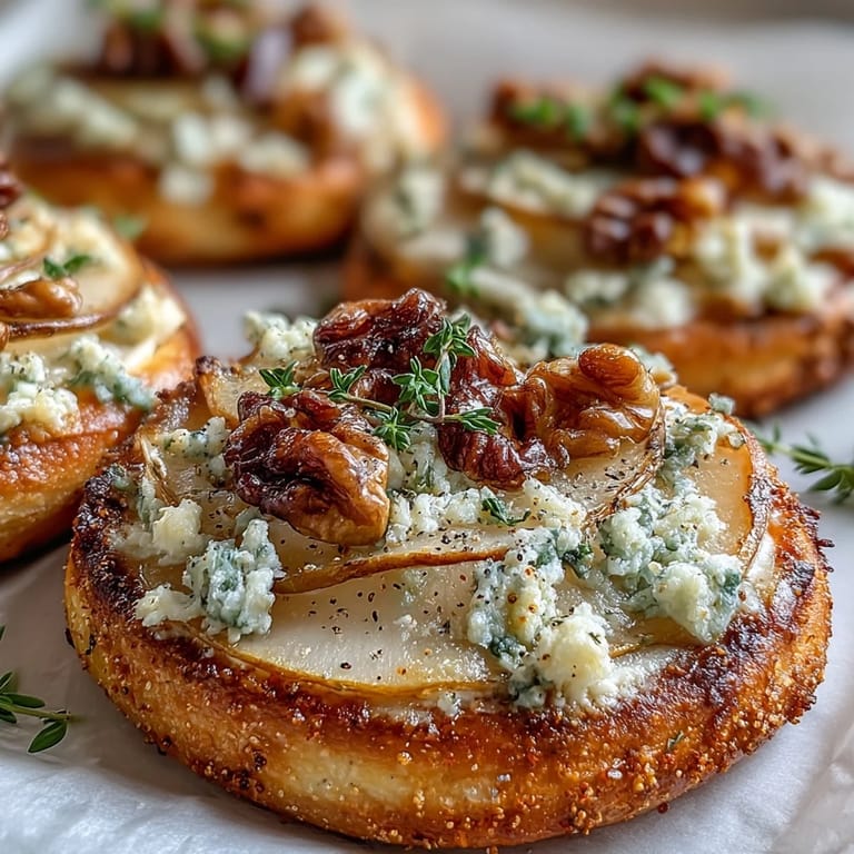 Freshly baked Pear, Gorgonzola, and Pickled Walnut pizzettes topped with peppery arugula, served warm on a rustic wooden board.