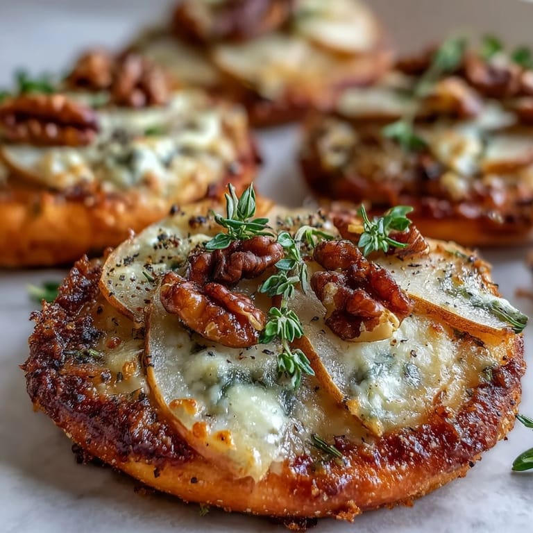 Thirteen golden, bite-sized pizzettes with melted Gorgonzola, caramelized pear, and pickled walnuts, arranged on a baking sheet with fresh thyme.