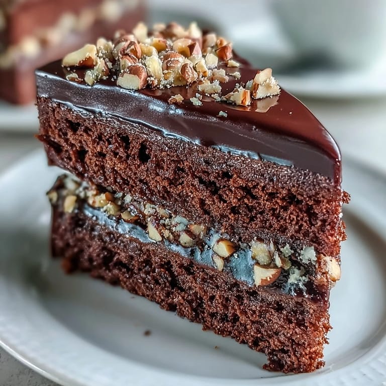 A close-up slice reveals the tender crumb of the Chocolate Celebration Cake, layered with rich chocolate ganache and topped with sweet, crunchy hazelnut praline.  