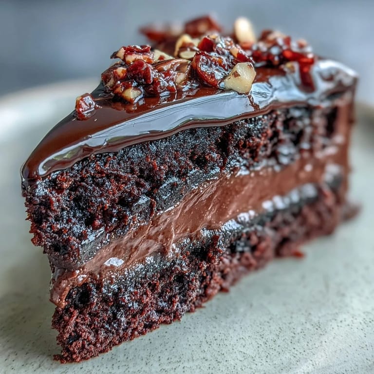 This elegant Chocolate Celebration Cake features moist olive oil layers, rich chocolate ganache frosting, and a crown of sparkling hazelnut praline for texture.