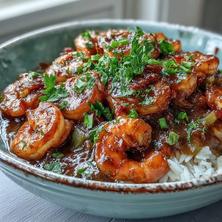 Ready to eat Classic New Orleans Étouffée with succulent shrimp in a savory Cajun spice sauce, paired with warm French bread.