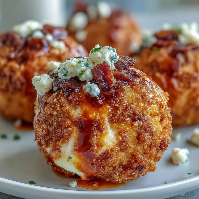 Freshly fried Buffalo Chicken Bacon Mozzarella Bombs on a rustic platter, ready to be dipped into blue cheese dressing.