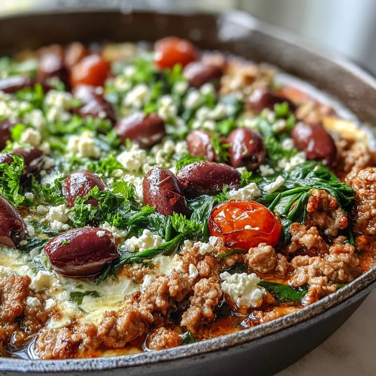 Sizzling Mediterranean Keto Ground Chicken Skillet with cherry tomatoes and Kalamata olives, garnished with spinach and a bright lemon finish.