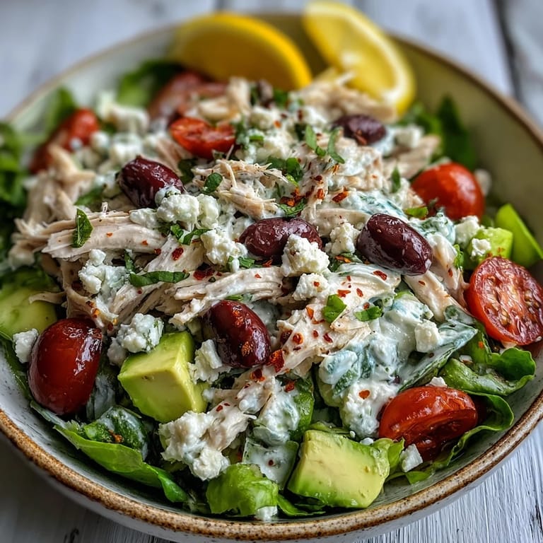 A chilled Tzatziki Chicken Salad served over mixed greens, topped with feta and Kalamata olives.