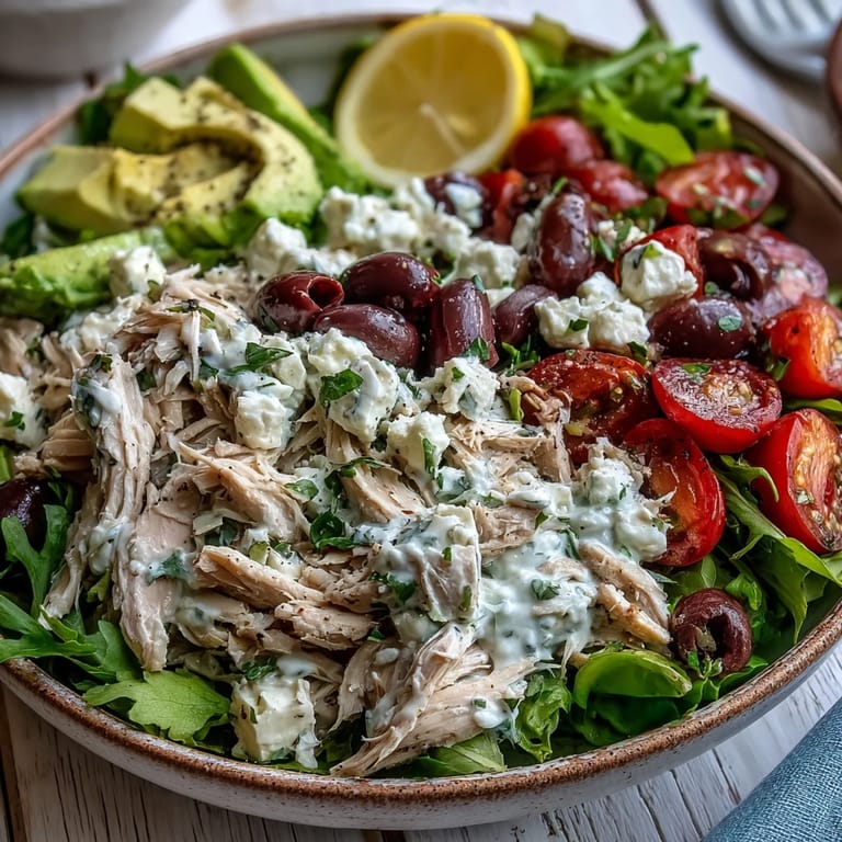 Spoon serving Tzatziki Chicken Salad with juicy rotisserie chicken, red onion, and bright lemon garnish.