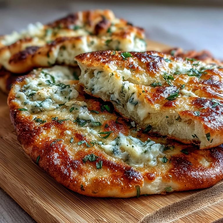 Warm, golden-brown The Best Easy Garlic Naan Bread stacked on a wooden board, served alongside a rich, creamy curry.