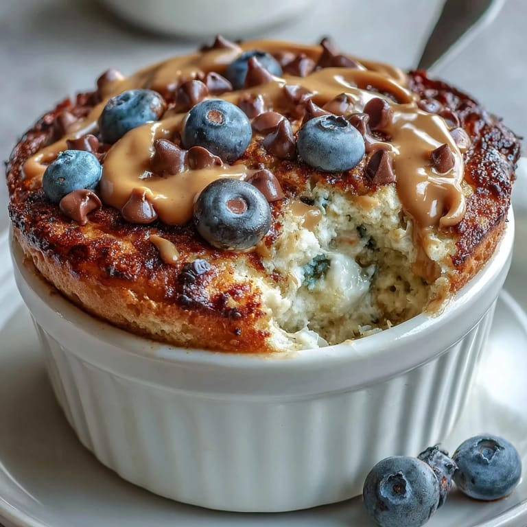Perfectly fluffy Baked Protein Pancake Bowl served with maple syrup drizzle, featuring chocolate chips and sliced almonds for a nutritious breakfast.