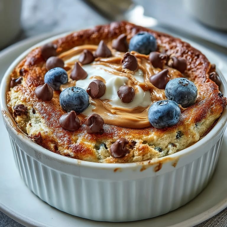 Healthy single-serve Baked Protein Pancake Bowl with a soft center, loaded with fresh strawberries, blueberries, and a dollop of Greek yogurt.