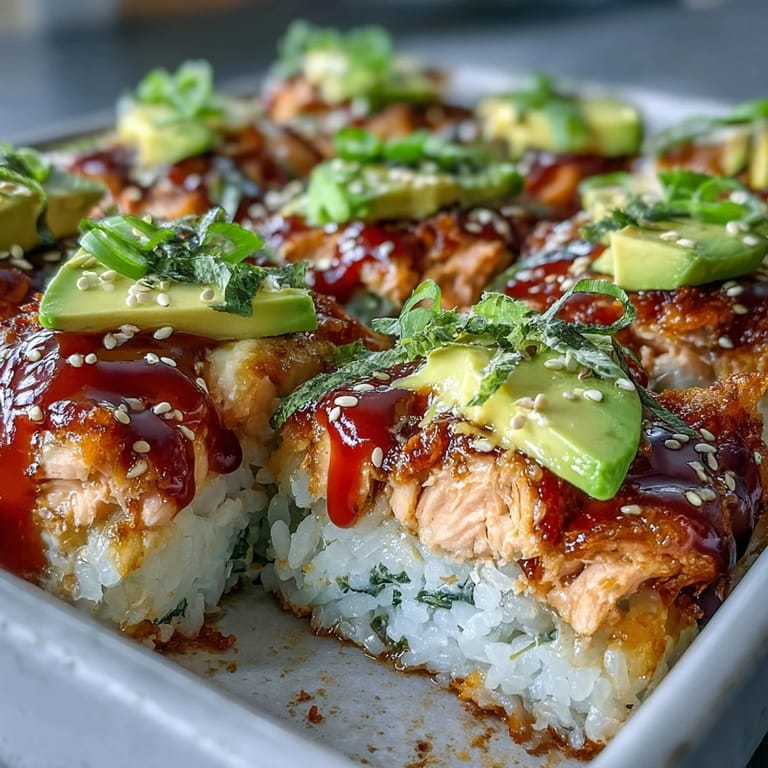 Creamy spicy salmon and seasoned rice in a casserole, perfect for serving with crispy roasted seaweed snacks.