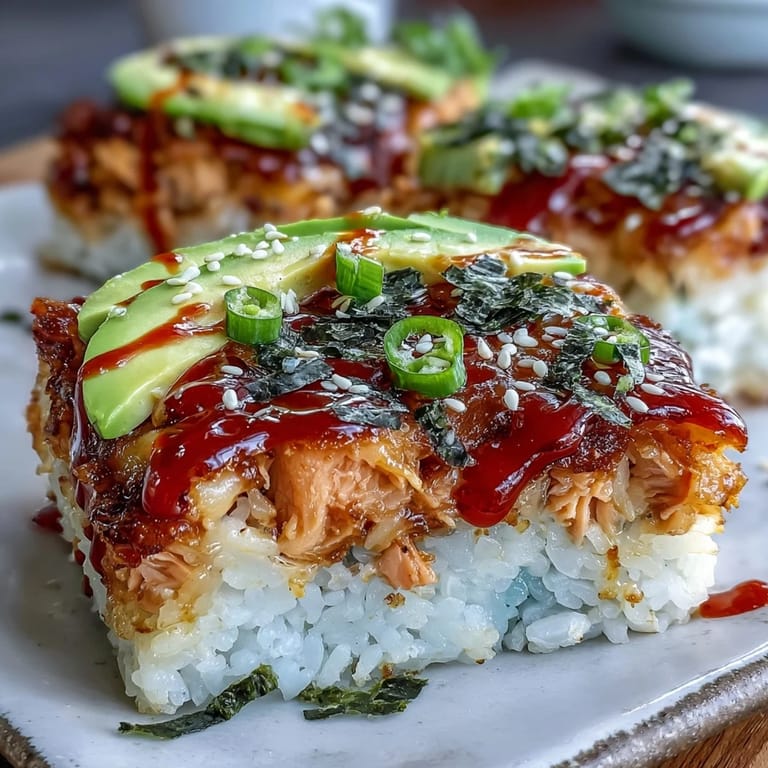Savory Spicy Salmon Sushi Bake garnished with sesame seeds and drizzled with sriracha mayo for a flavorful dinner.