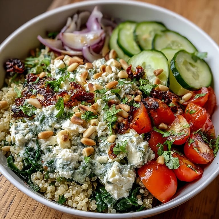 Colorful Spinach and Feta Grain Bowl served in a rustic ceramic bowl, featuring fluffy grains, vibrant vegetables, and generous crumbles of tangy feta cheese.